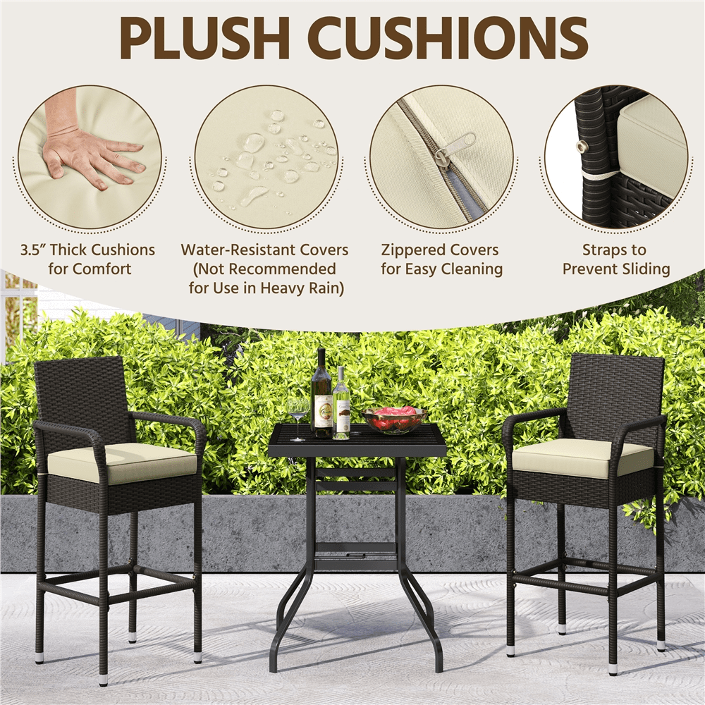 Renwick PE Rattan Patio Bar Stools with Cushions, Set of 2, Brown/Beige