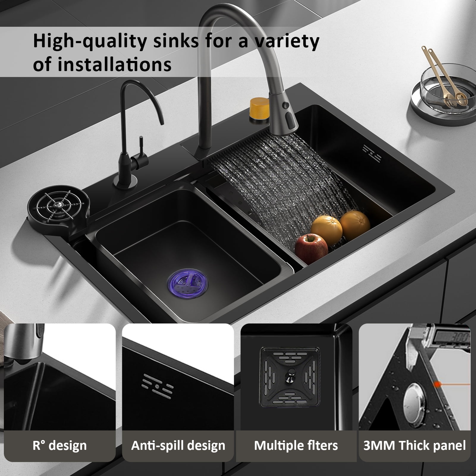 Waterfall Kitchen Sink, Single Bowl Drop in Kitchen Sink with Pull-Out Faucet and Multiple Accessories - 31.5×17.7×8 inch