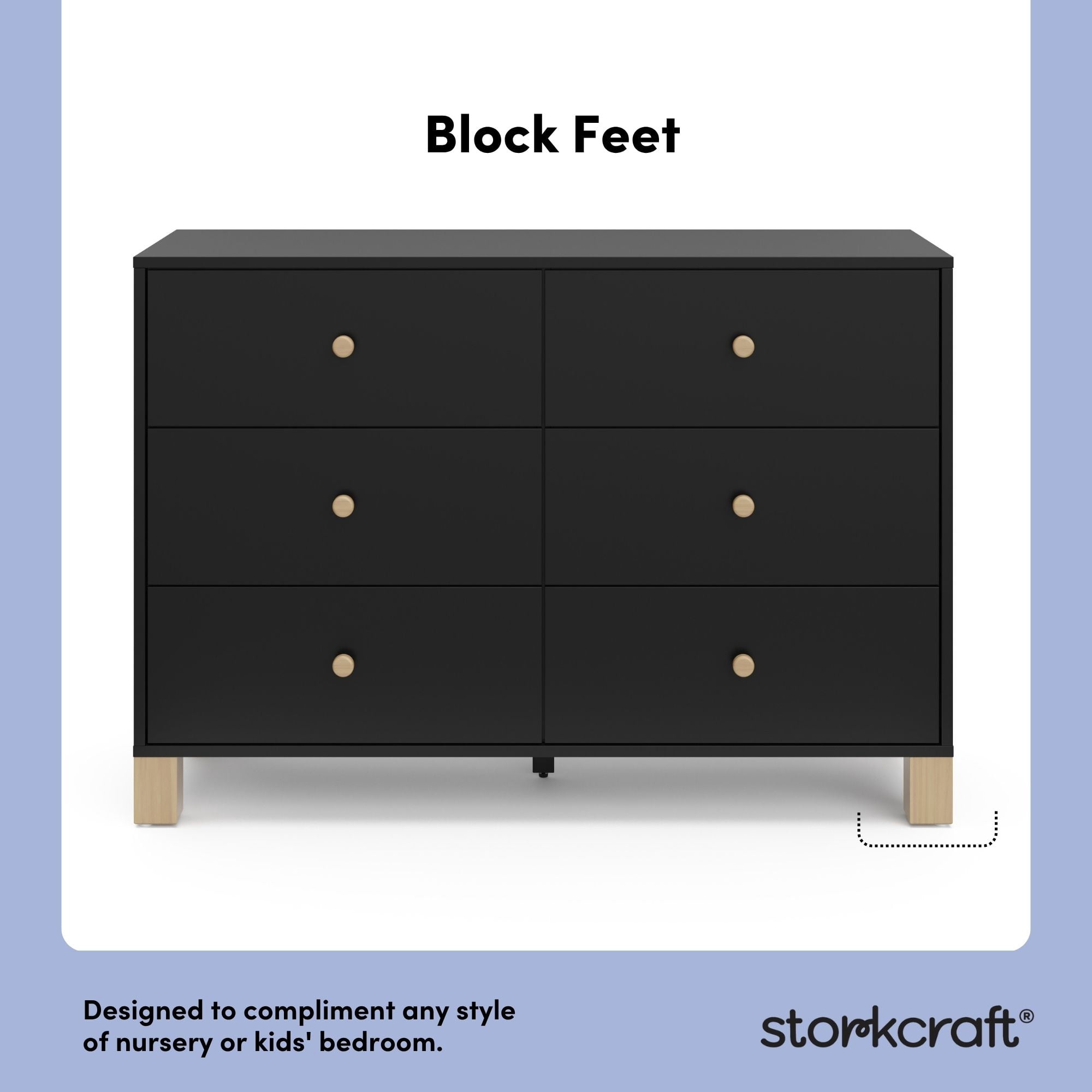Storkcraft California 6 Drawer Nursery Wood Double Dresser, Black with Driftwood