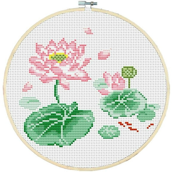 Counted Easy Cross Stitch Kits Lotus Flower Color Stamped Embroidery for Starter Kits DIY 11CT Stamped Patterns Embroidery Needlework Kit Supplies 10 Inch Hoop Complete Included
