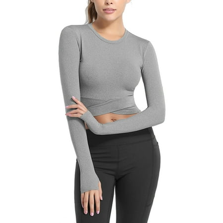 UKAP Women Crop Top Sexy Yoga Shirts Long Sleeve with Thumb Holes Stretch Sports Athletic Shirts Active Wear Sports Wear Tummy Cross Compression Shirt