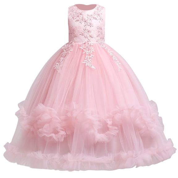 IDOPIP Flower Girls Princess Prom Floral Boho Lace Embroidered Star Pageant Dresses for Kids Baby Party Wedding Puffy Communion Maxi Ball Gown 5-6 Years Pink