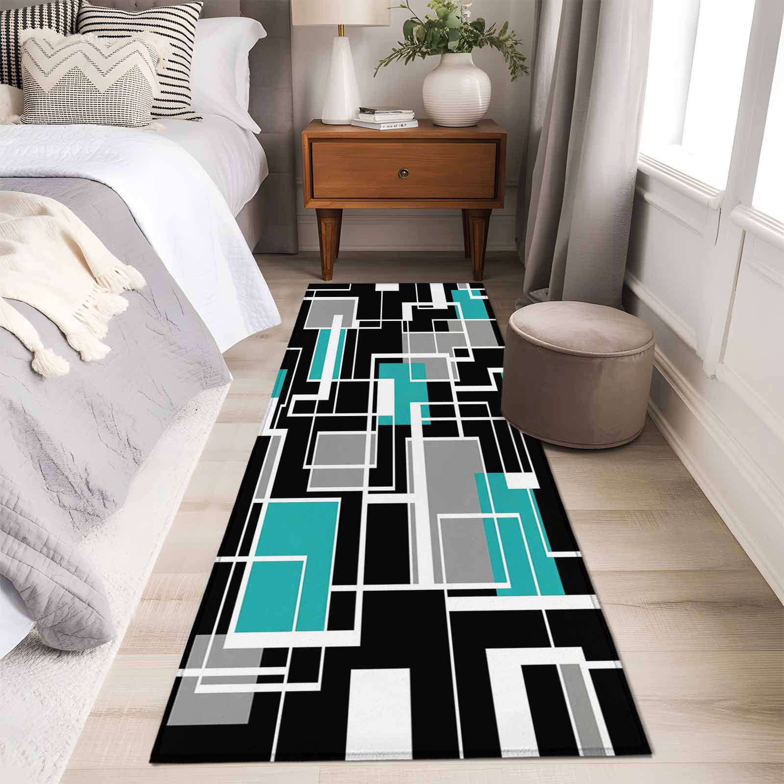 Teal Blue Black Geometric 2'x6' Runner Rugs for Hallway Kitchen Bedside Non Slip Washable, Modern Abstract Art Block Entryway Rug Runners with Rubber Backing, Long Carpet Runner for Laundry Room