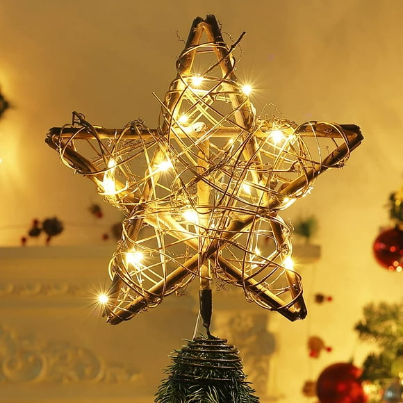 Étoile Sapin de Noël, Ornement d'Arbre de Noël Topper d'Éclairage, Étoile à 5 Pointes en Rotin en Bois avec Lumières LED pour Arbre de Noël, Lumière Décorative de Noël JUNJUN