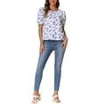 thumbnail image 2 of INSPIRAR CHIC Blusa de Verano Casual con Mangas Abullonadas y Cuello Redondo para Mujeres, con Lazo en la Espalda, Floral, S Blanca Azul, 2 of 6