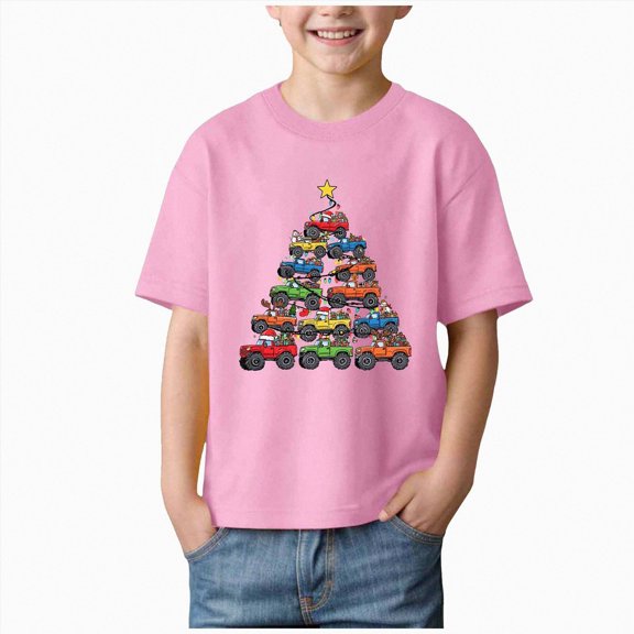 sdbrld 12 18 24 Months Toddler Baby Boys Christmas T-shirt Fashion Cute Car Printed Casual Short Sleeve Photoshoot Clothing Pink Sizes 1-2 Years