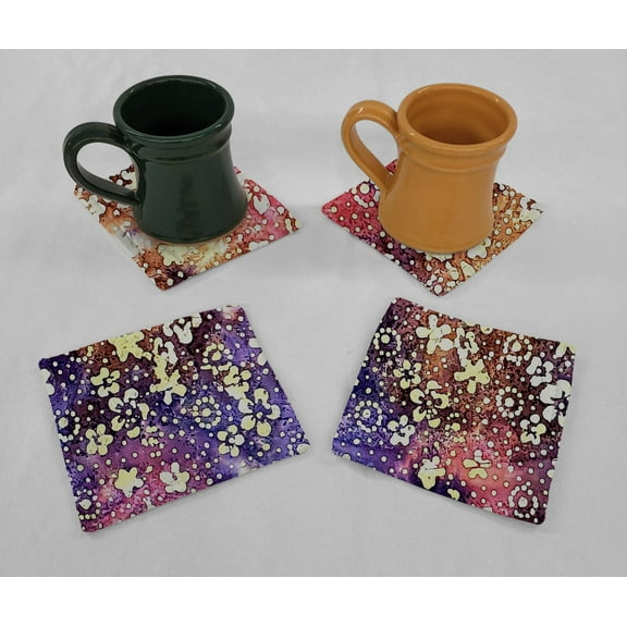 Batik Tie Dye Cloth Coasters by Penny's Needful Things (Set of 4) Pink Purple Brown Floral