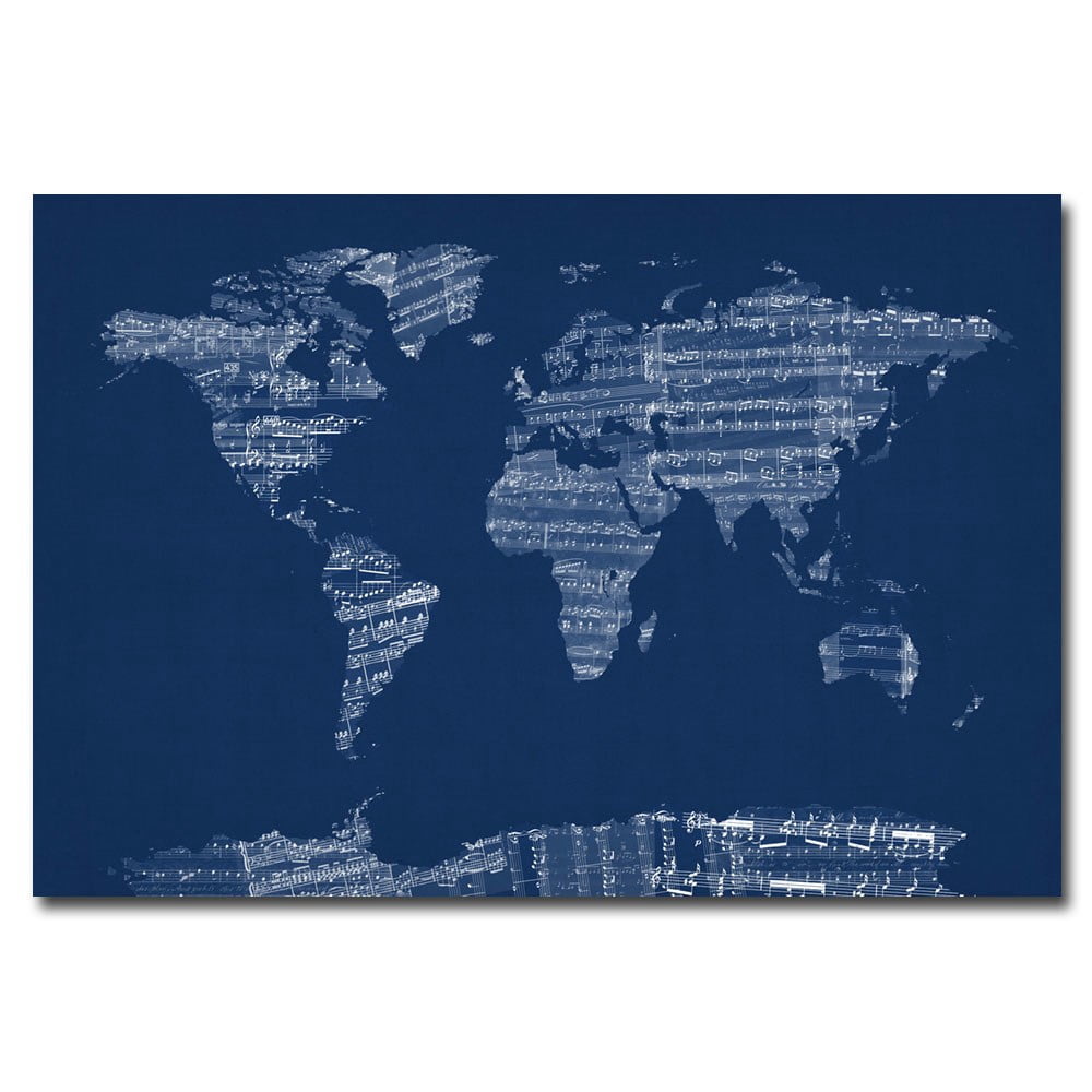 Trademark Art "Sheet Music World Map in Blue" Canvas Wall Art by Michael Tompsett