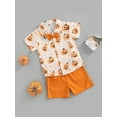 thumbnail image 2 of Toddler Baby Boy Halloween Clothes Pumpkin Print Short Sleeve Button Down Shirt and Shorts Set Gentleman Outfits, 2 of 8