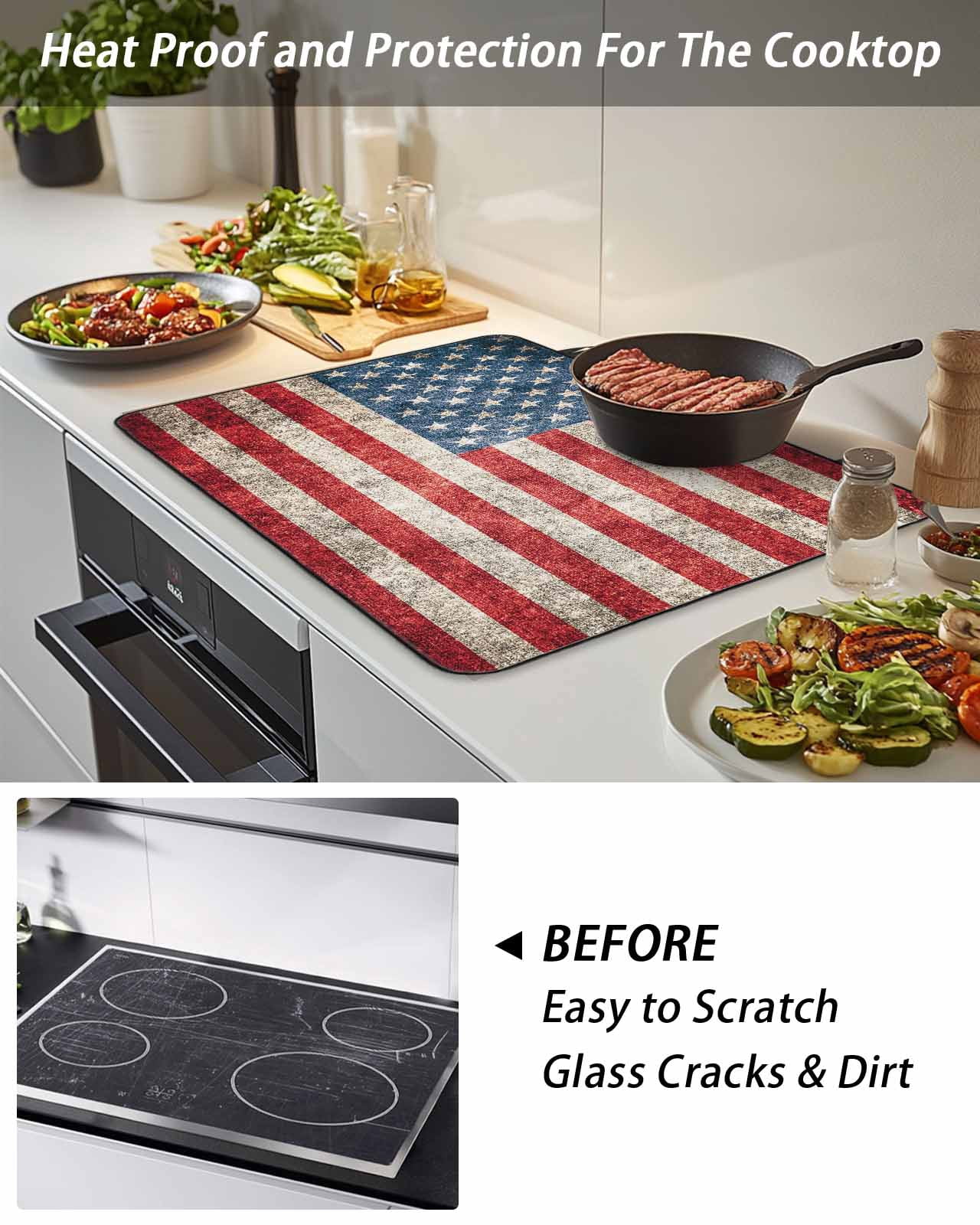 Stove Top Covers for Electric Stove, American Flag Glass Stovetop Cover Protector, Vintage Blue Red USA Flag Induction Cooktop Protector Oven Mat for Kitchen Countertop 24"x21"
