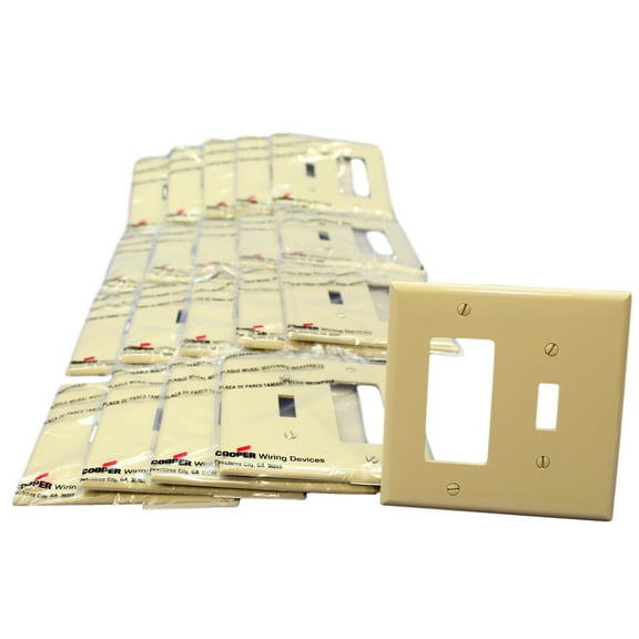 Cooper Wiring Devices PJ126V 2-Gang Combination Toggle Switch Decorator GFCI Rocker Switch Wall Plate, Unbreakable, Mid-Size, Ivory (Pack of 20)