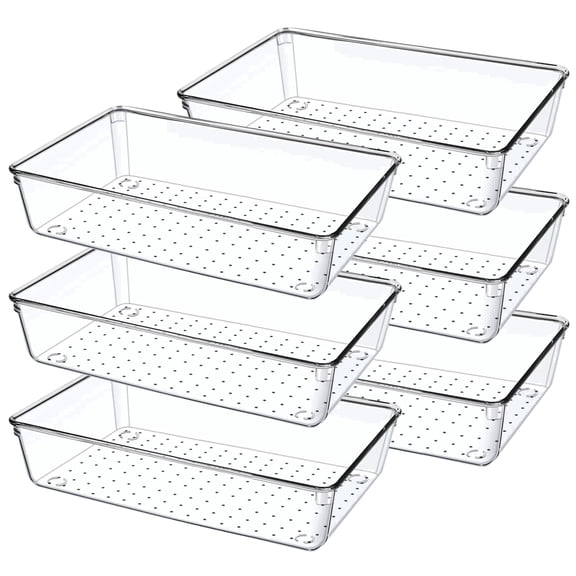 6 PCS Clear Plastic Drawer Organizer Set, Desk Drawer Divider Organizers and Storage Bins for Makeup, Jewelry, Gadgets for Kitchen, Bedroom, Bathroom, Office