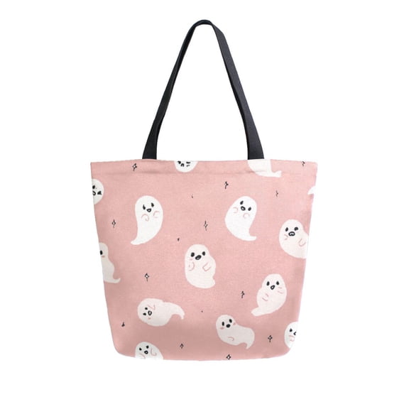 Open Top Canvas Tote Bag with Zipper Reusable Shopping Bag 13.5x15" Roomy Carryall Pastel Pink Cute Ghosts