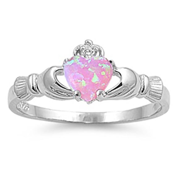 Men's Sterling Silver Simulated Pink Opal Heart Claddagh Ring 9MM ( Size 4 to 12 )