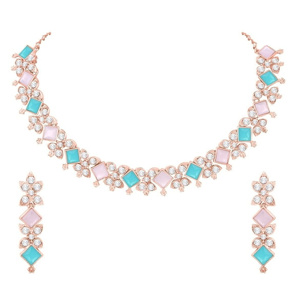 Parshwa Creations Exquisite Indian Bollywood Wedding Rose Gold Plated Kundan Jewelry Choker Necklace Set