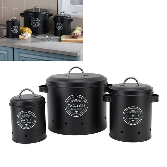 Potato Canisters, 3 Pack Farmhouse Onion Storage Bins Carbon Steel Garlic Containers for Countertop