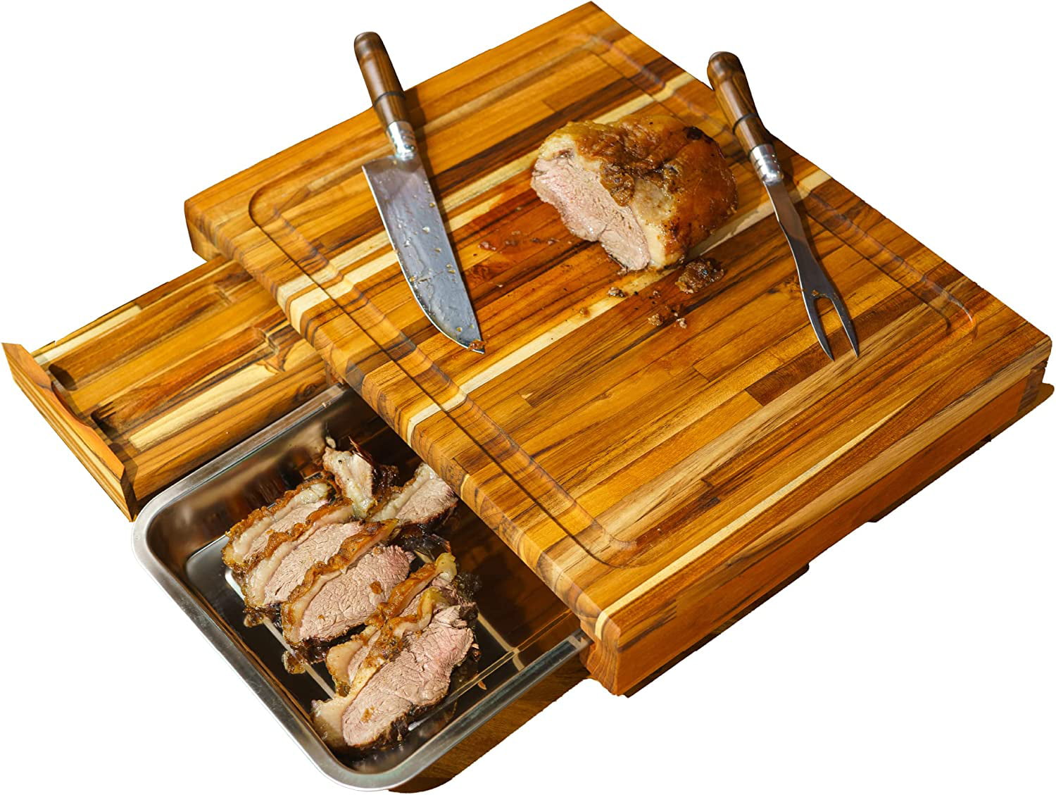 meistar Large End Grain Teak Wood Cutting Board for Kitchen, Brisket and  BBQ with S. Steel Tray and Juice Groove 