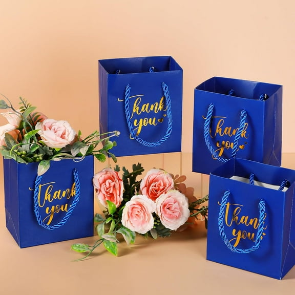 60 Pcs  Blue Mini Gift Bags with Handles - Gold Foil Thank You Bags for Weddings, Parties, and Events