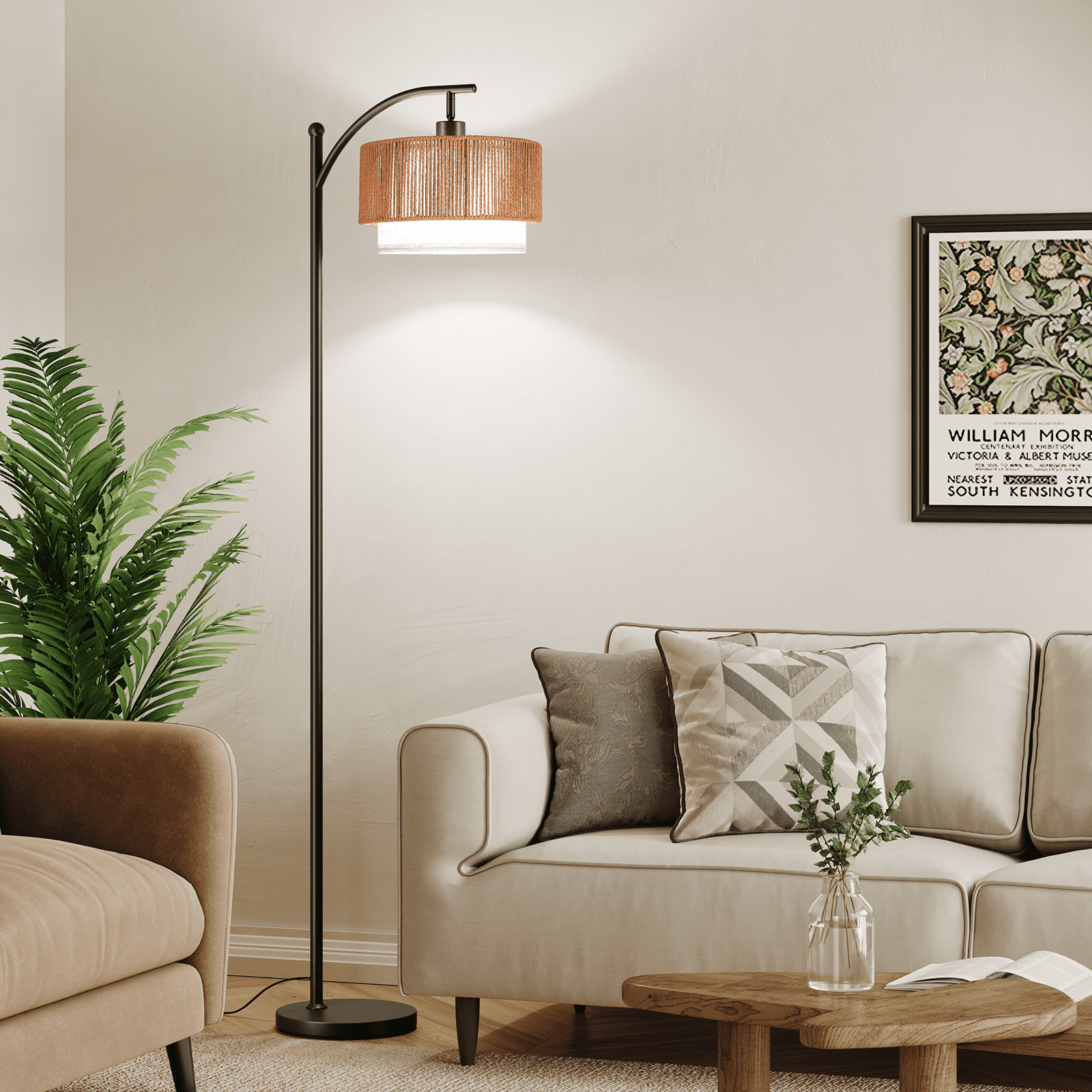SUNMORY Rattan Floor Lamps, Boho Standing Lamps with Rattan & Linen Double Shades, Arc Lamp Floor with 12W Bulb, Foot Switch, Bohemian Floor Lamps for for Living Room, Bedroom, Study Room