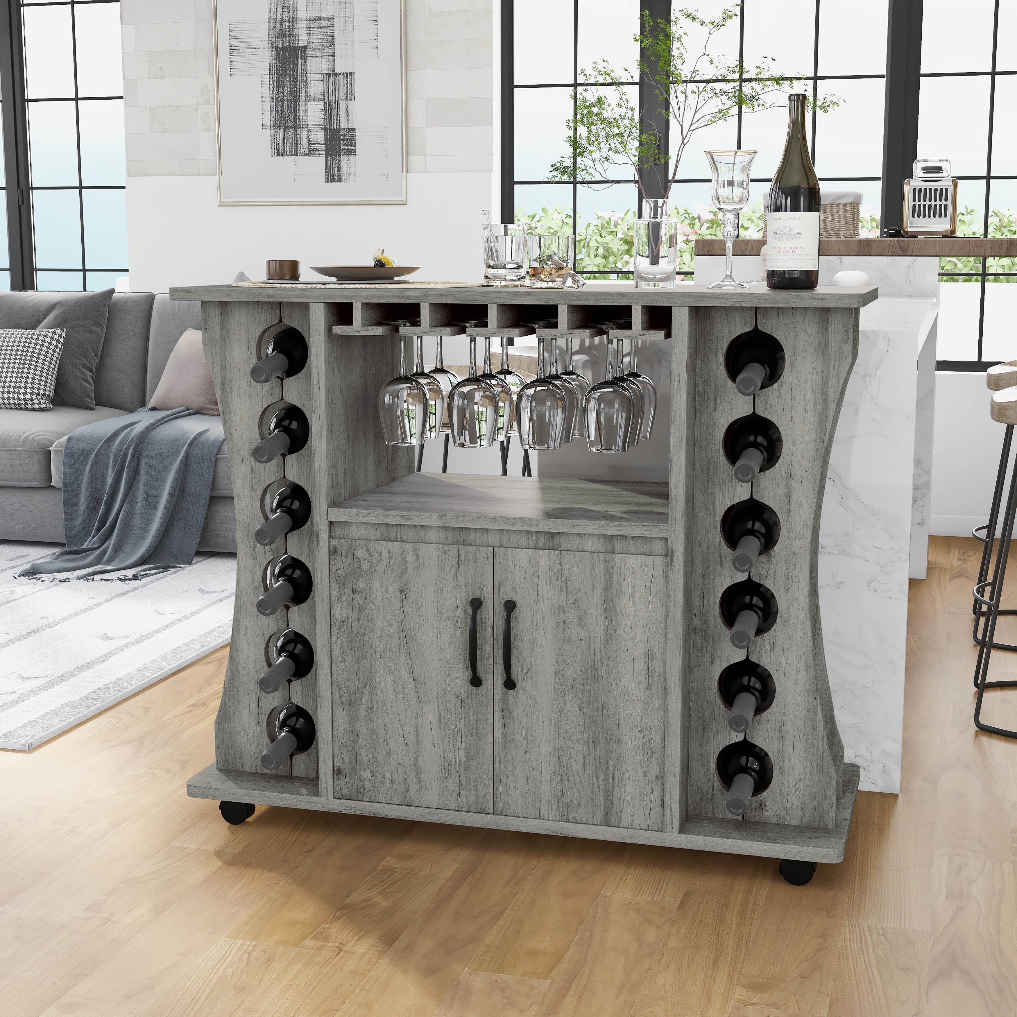 Denhour DH BASIC Vintage Grey Oak Mobile Buffet Bar Table with Wine Storage  by