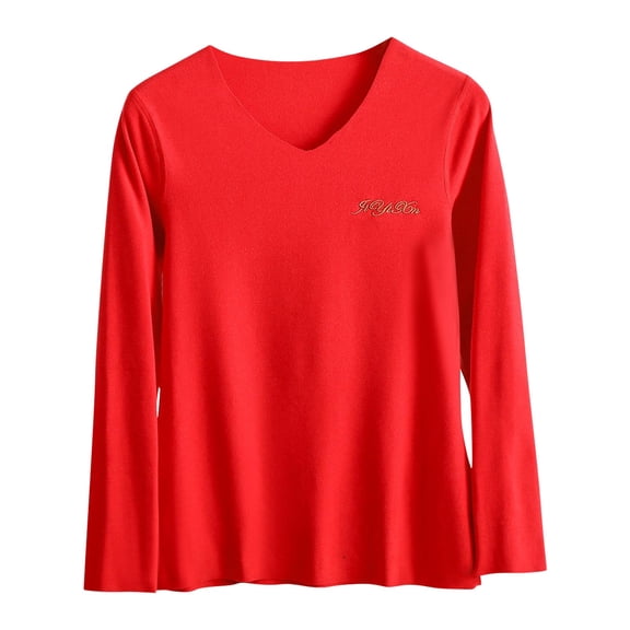 Womens Winter Tops Soft Velvet Thermal Base Tees Sweater Lightweight Fleece V Neck Casual Fall Pullover Tshirts (XL, Red)