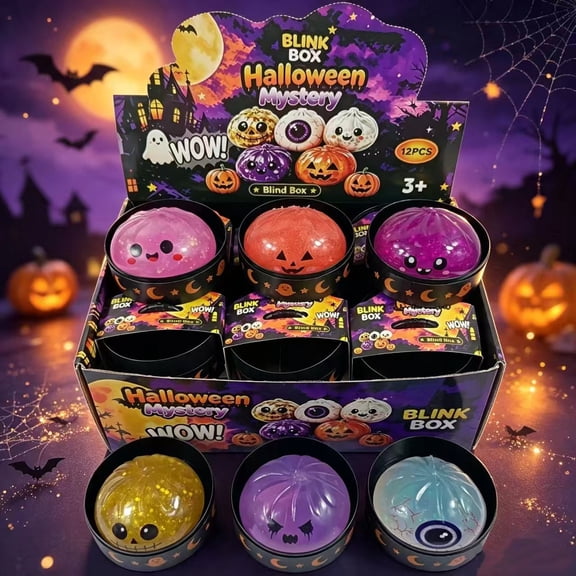 Halloween Mini Dumpling Squishy Mystery Box, Mystery Squishy Dumpling, Glitter Stress Relief Squeeze Balls with Steamer Box, Mystery Surprise Fidget Halloween Toys for Kids