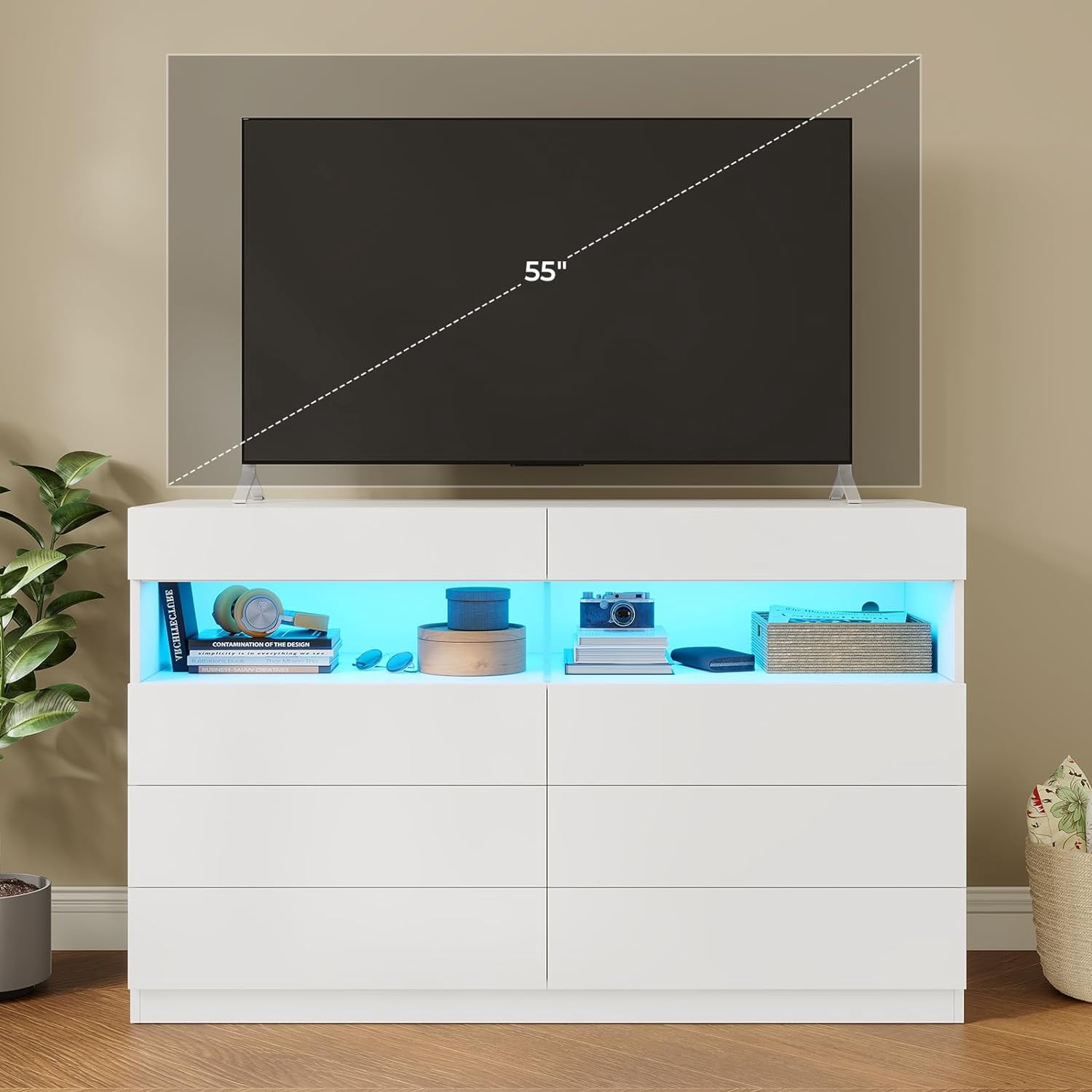 8 Drawers Dresser with Light, Wooden Chest of Drawers with Open Compartment,Modern Wide LED Dresser for Bedroom Living Room,White