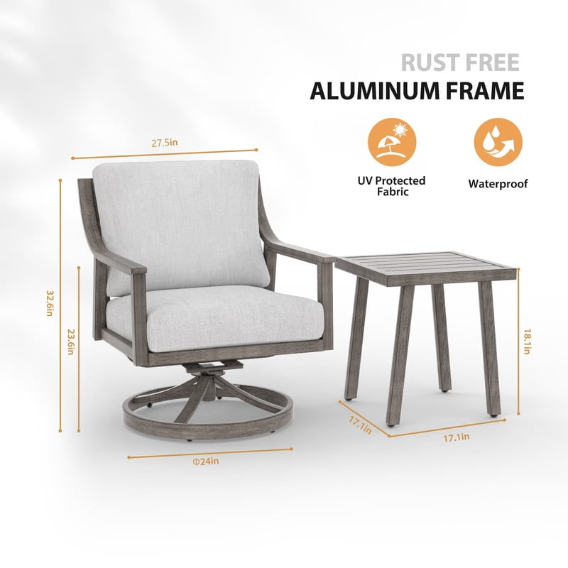 3-Piece Patio Bistro Set, All-Weather Aluminum Outdoor Conversation Set Includes 1 Side Table and 2 Cushioned Swivel Rocker Chairs