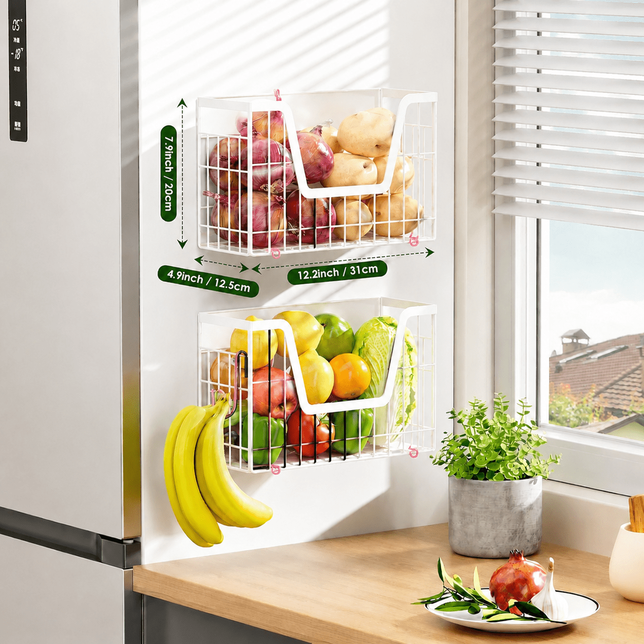 2 Set Magnetic Shelf for Fridge, Potato & Onion Storage Bins, Magnetic Fruit Basket for Refrigerator Pantry Kitchen Counter Laundry, Magnetic Fridge Organizer Spice Snacks Magnet Fridge Shelf White