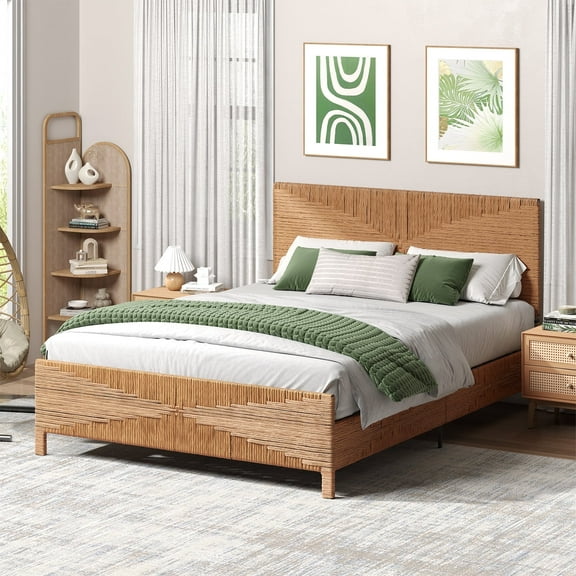 Brafabhome Bohemian Queen Bed Frame with Hand-Woven PE Rattan Headboard and Footboard, No Box Spring Needed, 1000lbs