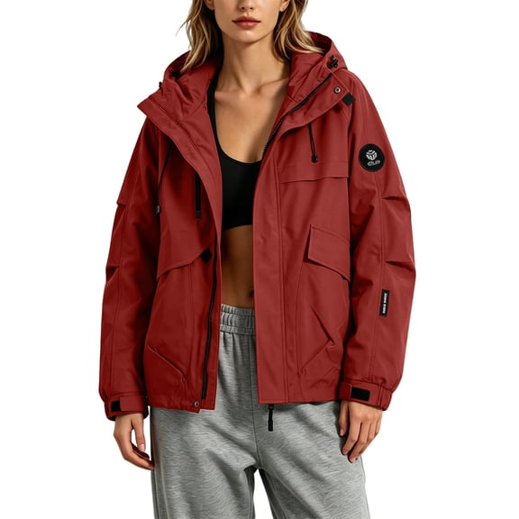 WRKEKC Windbreaker Jackets for Women Water Resistant Windproof Hooded Long Sleeve Zip Up Cargo Pocket Casual Coat