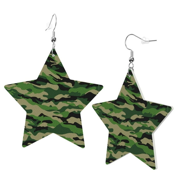 Leather Star Hook Earrings Green Camouflage Print Earring Dangle Drop Earring For Women