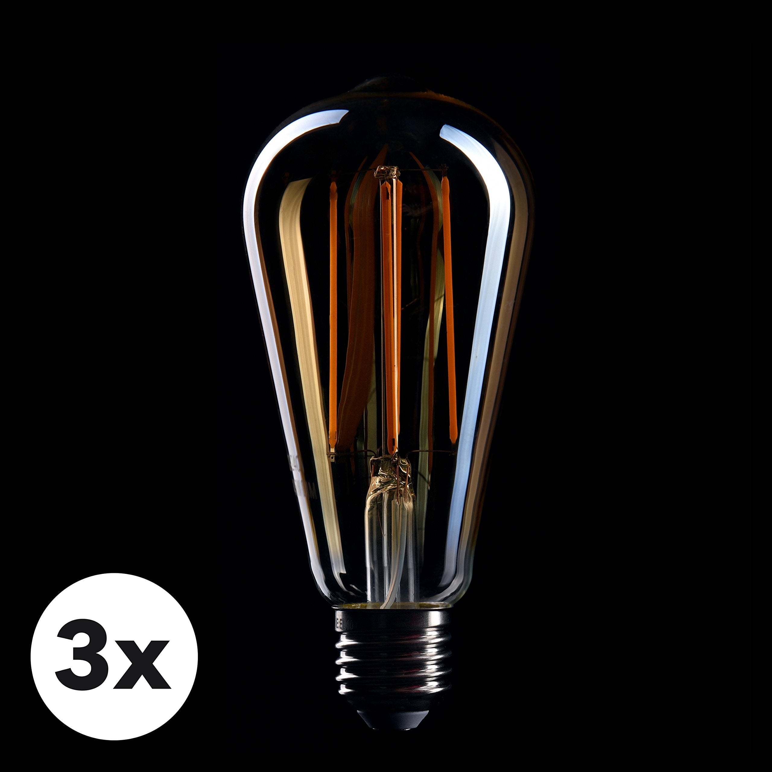 CROWN LED Warm White 3 Piece Pack of 3 Edison Bulbs, E26 Base, Dimmable, 40W Equivalent, 2000K Vintage Filament Lamps