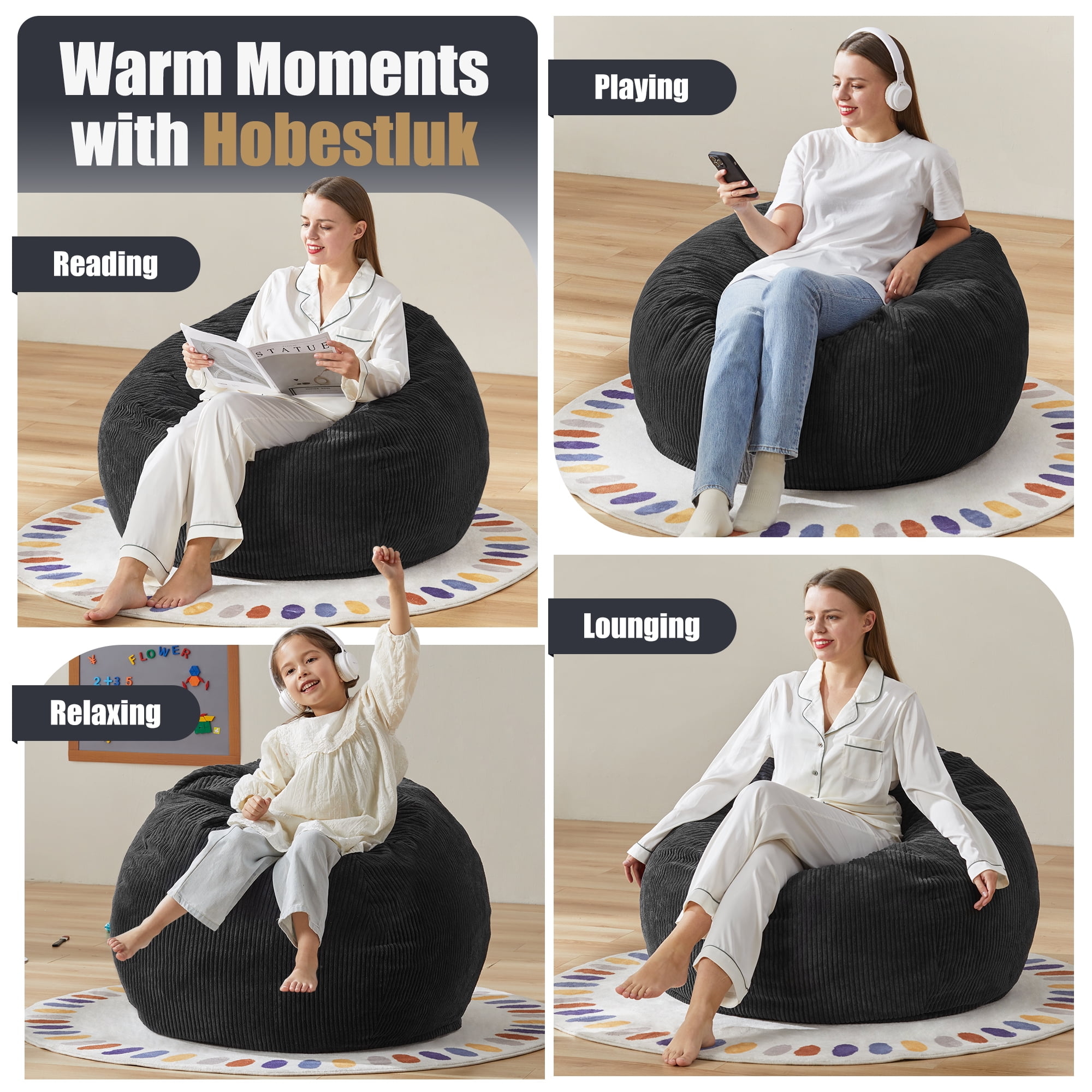 3.5FT Bean Bag Chair Adult Large Bean Bag Chair with Filler Included Teardrop Beanbag Chair with Removable Cover for Bedroom Living Room - (Large, Black)