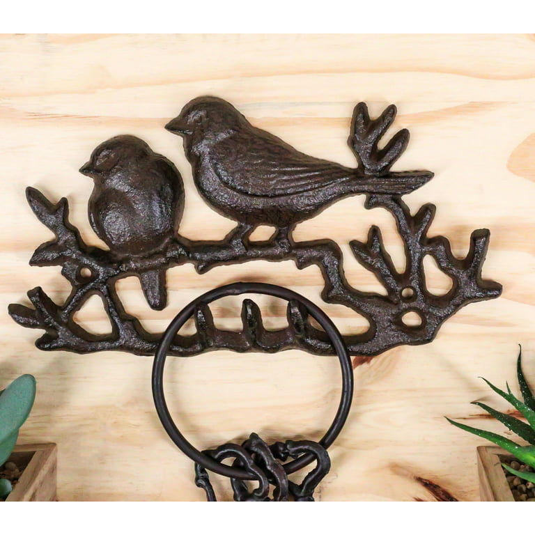 Cast Iron Rustic Lovebirds Perching On Twig Branch 4-Pegs Wall