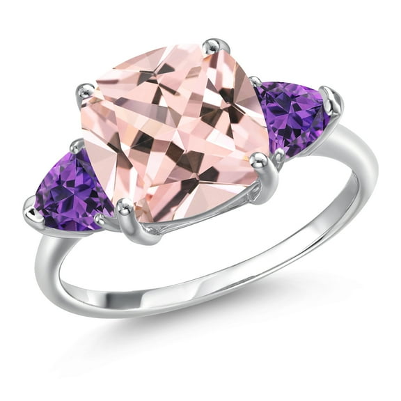 Gem Stone King 10K White Gold Peach Nano Morganite and Purple Amethyst 3-Stone Engagement Ring for Women | 5.12 Cttw | Cushion 10MM | Three Stone Wedding Anniversary Promise Ring for Women | Size 7