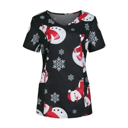 

Podplug Women V-neck Christmas Print Short Sleeve Workwear with Pocket Workwear