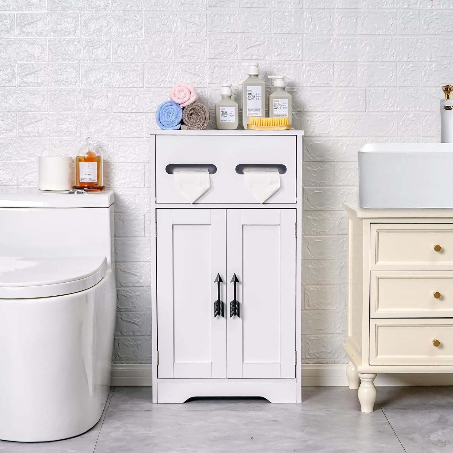 VECELO Bathroom Storage Cabinet, Wooden Floor Cabinet with 2 Doors & Toilet Paper Storage, Accent Cabinet for Living Room,Bedroom, Kitchen, White