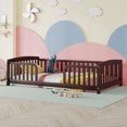 thumbnail image 3 of Leumius Twin Size Floor Fence Bed with Central Entrance, Pine Wood Floor Bed with Guardrails for Boys Girls Espresso, 3 of 9
