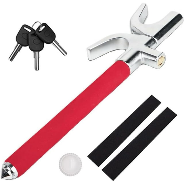 Pioe Verrou de Volant de Voiture Antivol Universel s'Adapte aux Accessoires de Voiture Verrous Ajustables avec Marteau de Secours Brise-Fenêtre 3 Clés pour Tous Types de Voitures Vans et SUVs (Rouge)