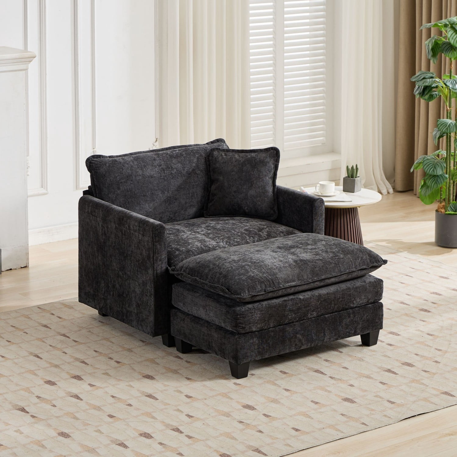 Cloud Sofa Ottoman, Modular Oversized Ottoman for Sectional Couch, Chenille Upholstered Footrest Stool for Living Room, Bedroom, Apartment, Black