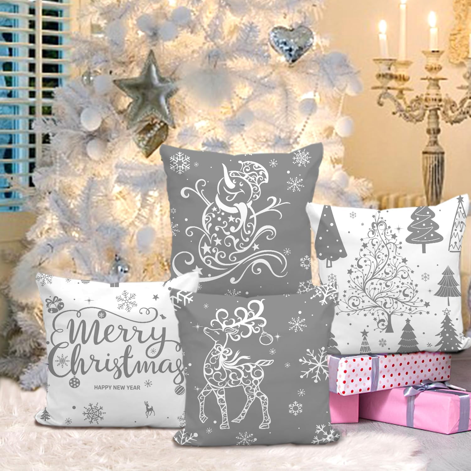 Grey Christmas Throw Pillow Covers 20x20 Set of 4 Christmas Decoration Trees Deer Snowman Merry Christmas Decorative Holiday Farmhouse Pillow Covers for Holiday Christmas Decoration