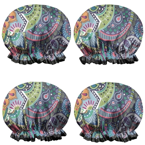 Shower Caps,Blue Pioneer Flower and Paisley Pattern Waterproof Shower Cap for Women 4 Pieces,Double Reusable Hair Cover for Shower PEVA Elastic Stretch Hem