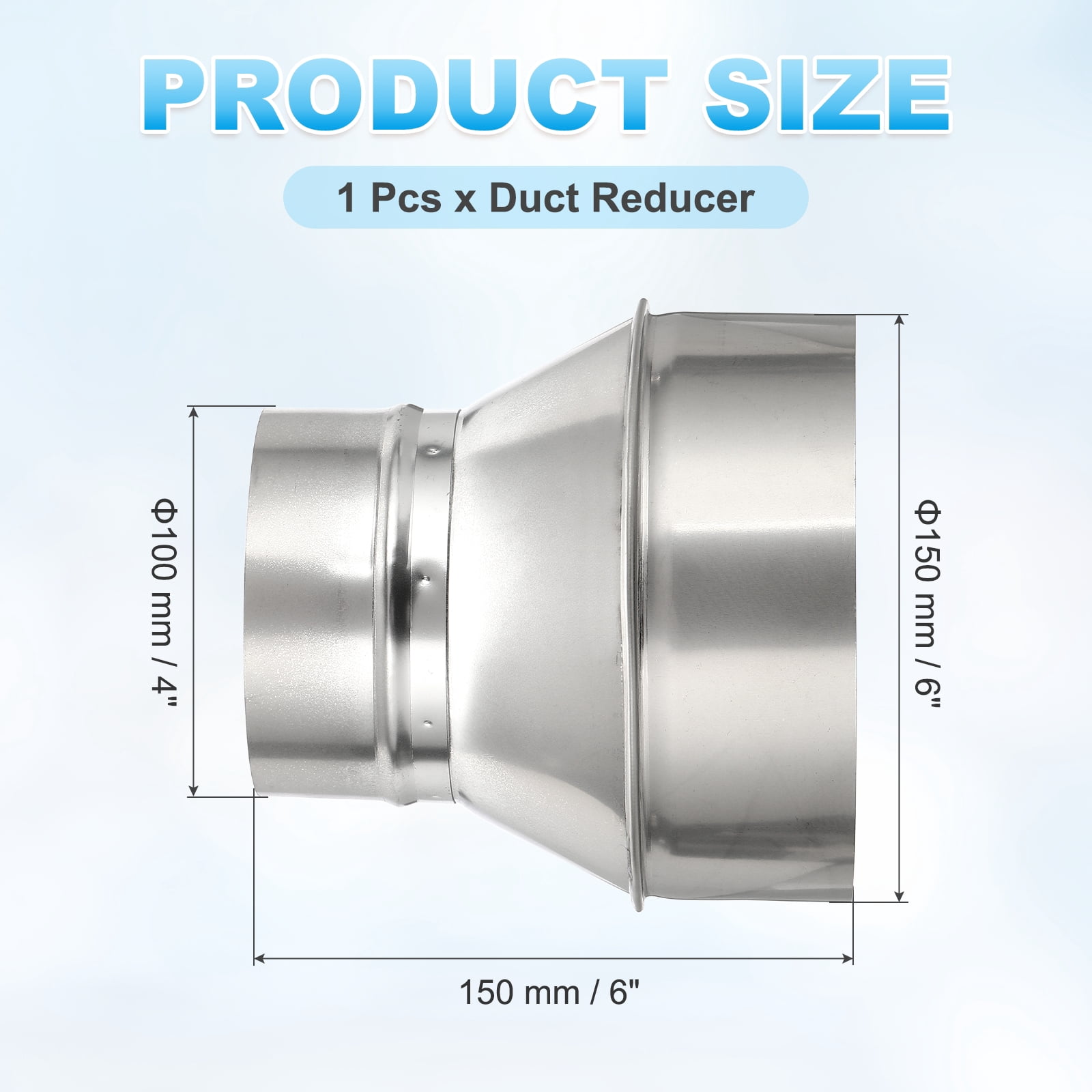 Uxcell Duct Reducer (6" to 4") - 304 Stainless Steel Air Ducting Reducer Increaser Metal HAVC Duct Adapter Stove Pipe Fitting Connector for Exhaust Fan/Blower/AC/Ventilation Systems