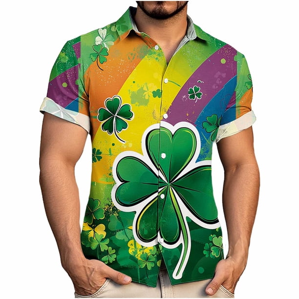 Ceisia Men's St. Patrick's Day Short Sleeve Shirt Clover Print Regular Straight Fit Green Turn-Down Collar Spring Summer Shirt Gift