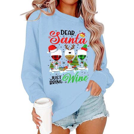 FYEGRE Christmas Sweatshirt for Women White Christmas Movie Crew Neck Long Sleeves Pullover Christmas Holiday Graphic Tops Light Blue S