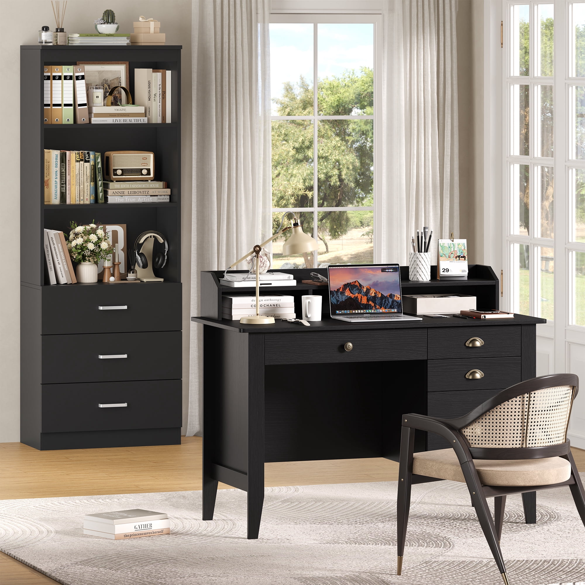 Homfa Black Computer Desk with Monitor Stand, 47in Wide Office Desk with Storage, Modern Executive Desk with File Drawers for Home & Study
