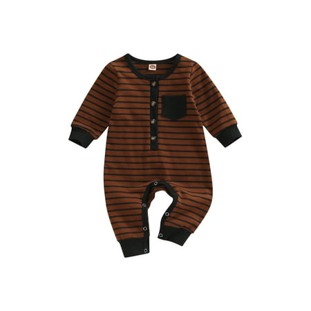 

Baby Boys Girls Long Sleeve Romper Casual Striped Print Button Front With Pocket Jumpsuit Fall Winter Clothes