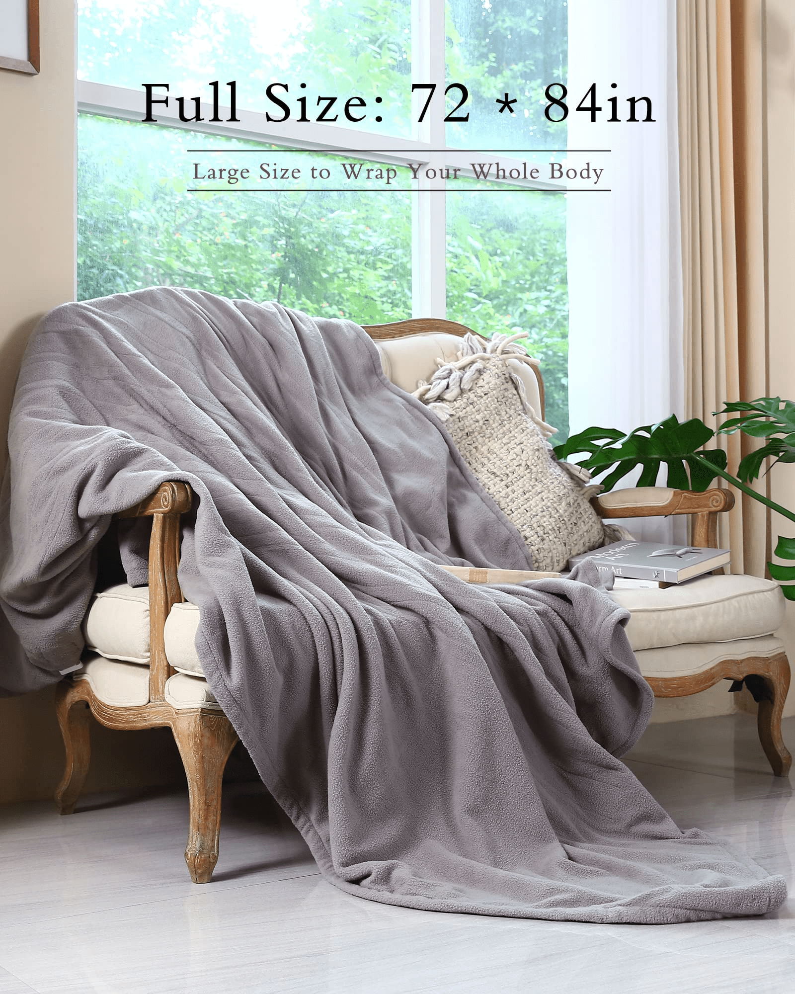 SUNNY HEAT Electric Heated Blanket Full Size 72" x 84" Soft Flannel with 4 Levels Heating & 10Hs Auto off, Machine Washable, Grey