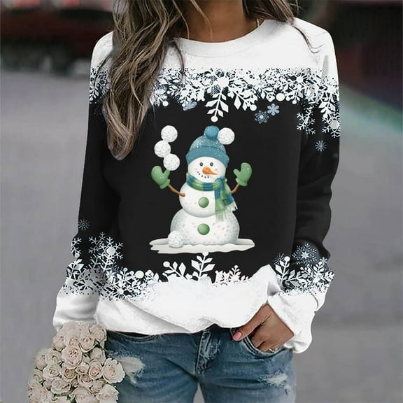 Riecok Xmas Hoodless Sweatshirt for Women Long Sleeves Scoop Neck Winter Christmas Funny Graphic Outfit Holiday Sweatshirts Comfy Loose Soft Oversized Pullover Blouse Tops Black L